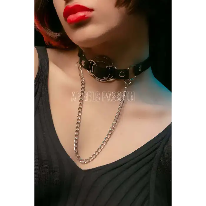 Deri Choker, Deri Tasma, Zincirli Deri Kolye, Halkalı Deri Kolye - APFT588