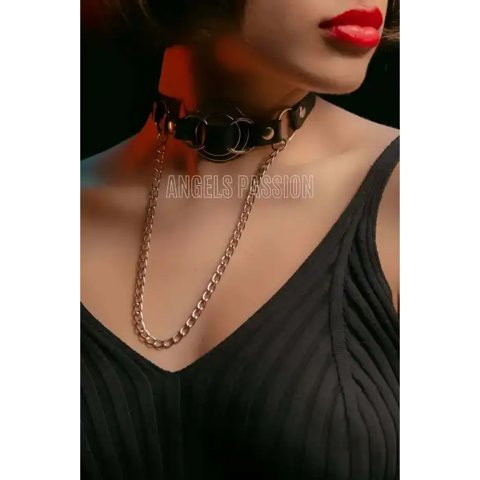 Deri Choker, Deri Tasma, Zincirli Deri Kolye, Halkalı Deri Kolye - APFT588