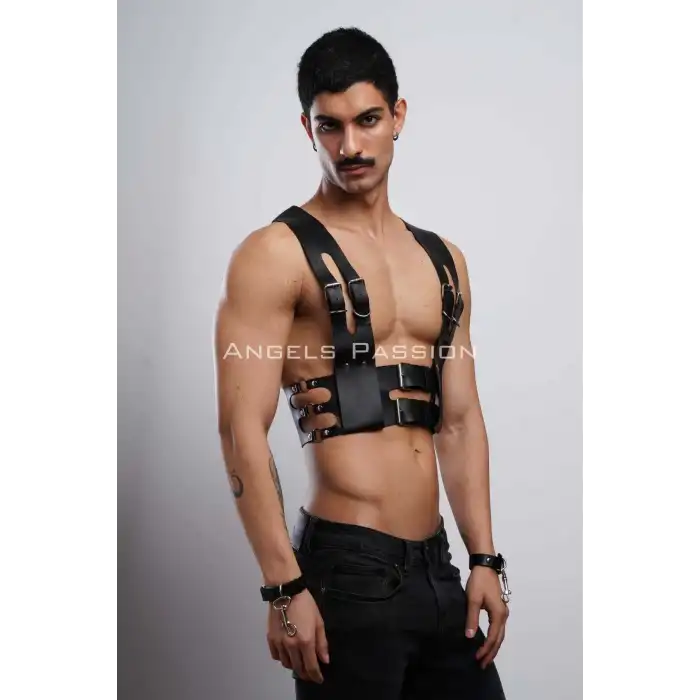 Deri Erkek Club Giyim, Fantezi Erkek Giyim, Deri Kelepçeli Erkek Harness - APFTM118