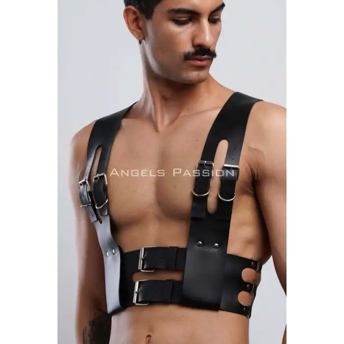 Deri Erkek Club Giyim, Fantezi Erkek Giyim, Deri Kelepçeli Erkek Harness - APFTM118