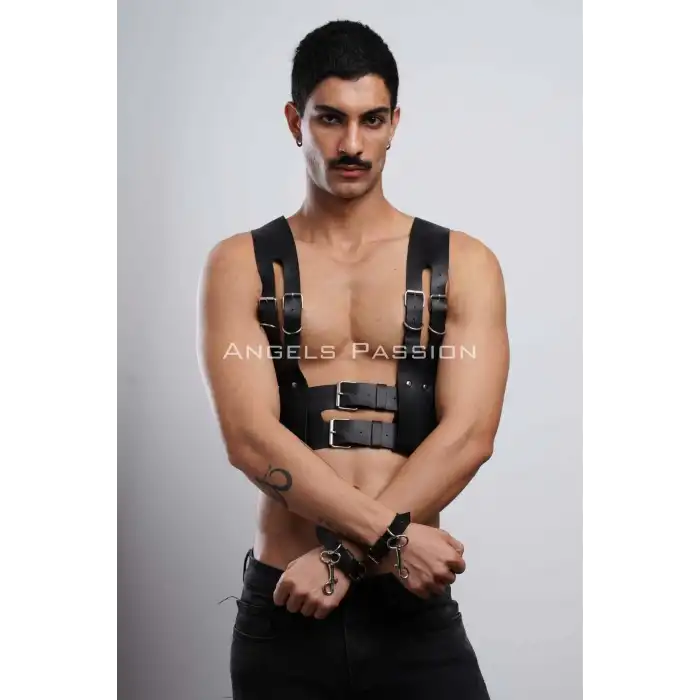 Deri Erkek Club Giyim, Fantezi Erkek Giyim, Deri Kelepçeli Erkek Harness - APFTM118