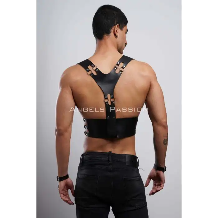Deri Erkek Club Giyim, Fantezi Erkek Giyim, Deri Kelepçeli Erkek Harness - APFTM118