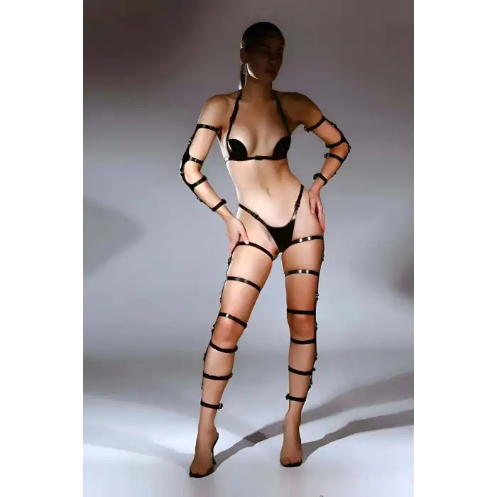 Deri Fantazi Sütyen Tanga Kol Ve Bacak Aksesuarlı Harness Takım - APFT1100