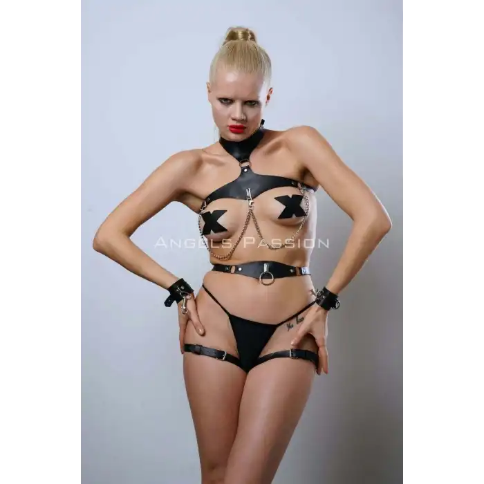Deri Harness Takım, Deri Fantezi İç Giyim, Deri Clubwear, Dancewear - APFT1099