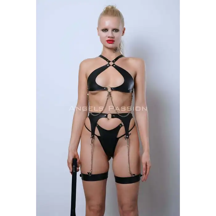 Deri Jartiyer Harness Takım, Deri Sütyen Takım, Kırbaçlı Deri Fantezi Giyim - APFT1363