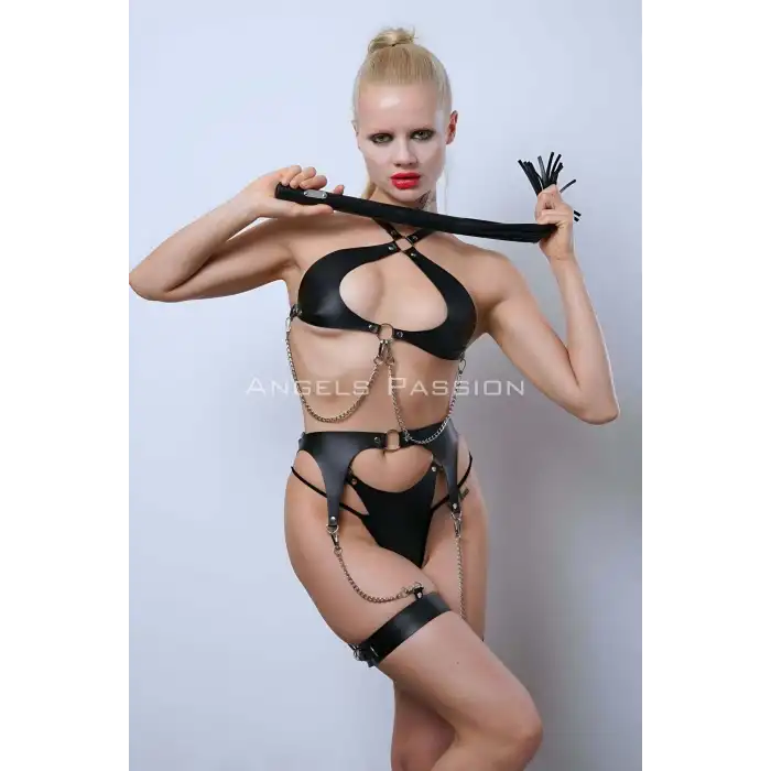 Deri Jartiyer Harness Takım, Deri Sütyen Takım, Kırbaçlı Deri Fantezi Giyim - APFT1363