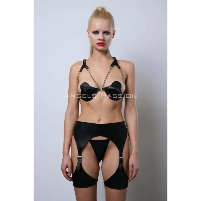 Deri Jartiyer Harness Takım, Kadın Fantezi İç Giyim - APFT1220