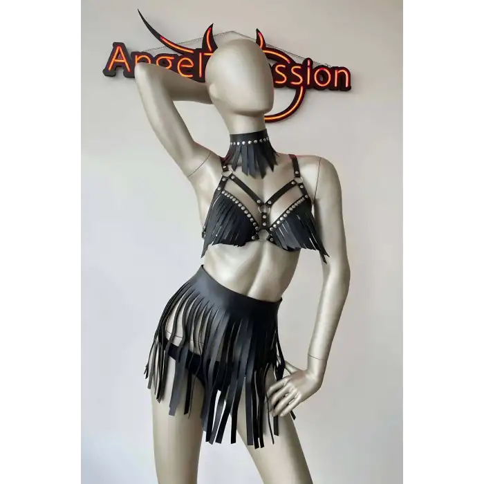 Deri Püsküllü Etekli Fantazi Harness Takım
