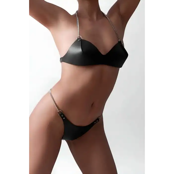 Deri Sütyen Takım, Fantezi Deri ve Zincir Detaylı Sütyen Tanga Takım - APFT1169