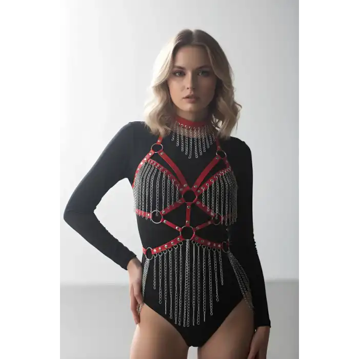 Deri ve Zincir Detaylı Harness Takım, Deri Dansçı Kostüm, Choker Detaylı Deri Harness - APFT1397