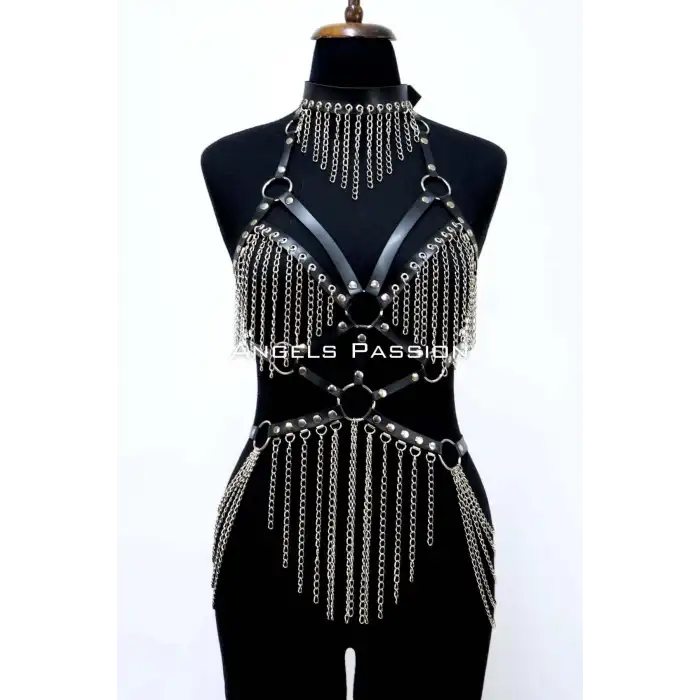 Deri ve Zincir Detaylı Harness Takım, Deri Dansçı Kostüm, Choker Detaylı Deri Harness - APFT1397