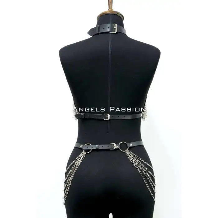 Deri ve Zincir Detaylı Harness Takım, Deri Dansçı Kostüm, Choker Detaylı Deri Harness - APFT1397