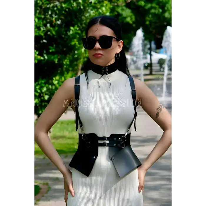 Elbise, T-Shirt ve Gömlek Üzeri Deri Şık Kemer ve Choker Takım - APFT622