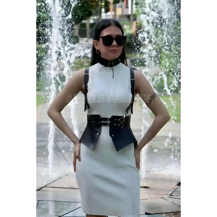 Elbise, T-Shirt ve Gömlek Üzeri Deri Şık Kemer ve Choker Takım - APFT622