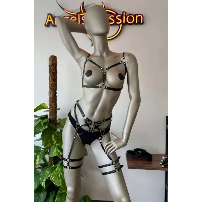 Erotik Deri Giyim Fantezi Harness Jartiyer Takım