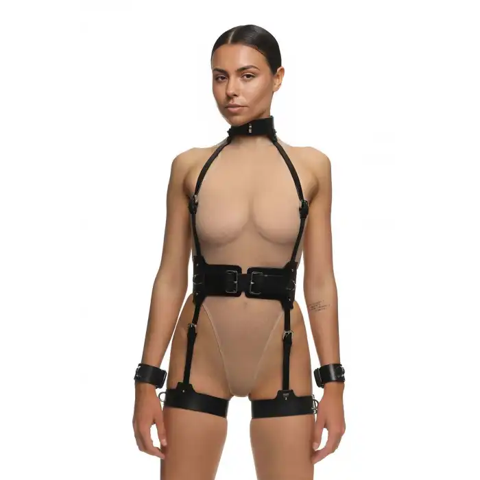 Fantazi Deri İç Giyim, Boyundan Kelepçeli Şık Harness Takım - APFT1338