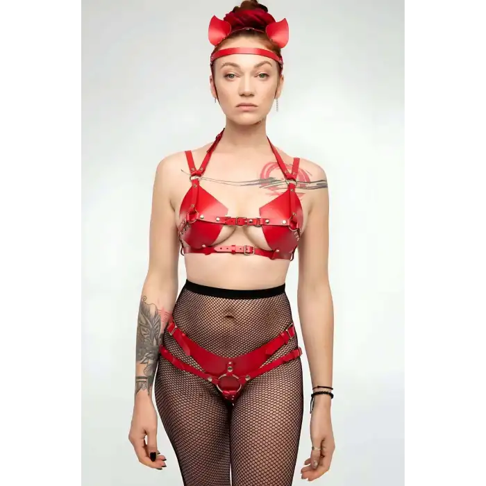 Fantazi Deri Sütyen Ve Külot Takım, Kulaklık Detaylı Harness - APFT871