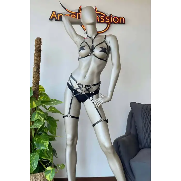 Fantazi Siyah Deri Jartiyer Büstiyer Takım