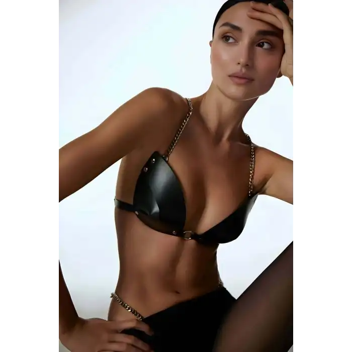 Fantazi Zincirli G-String Sütyen Külot Takımı Deri Harness - APFT1227