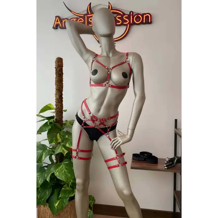 Fantezi Deri Giyim Kırmızı Harness Jartiyer Takım - APFT289