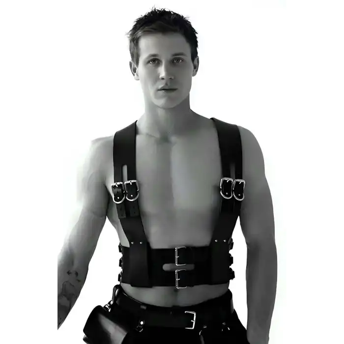 Fantezi Erkek Giyim, Deri Erkek Giyim, Deri Kelepçeli Erkek Harness - APFTM118