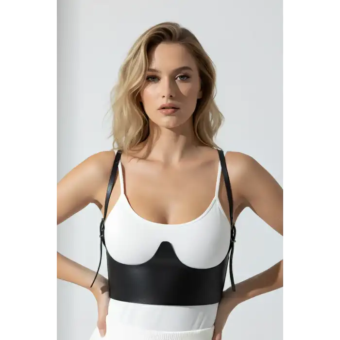 Göğüs Altı Detaylı Askılı Deri Korse Bel Kemeri - APFT614