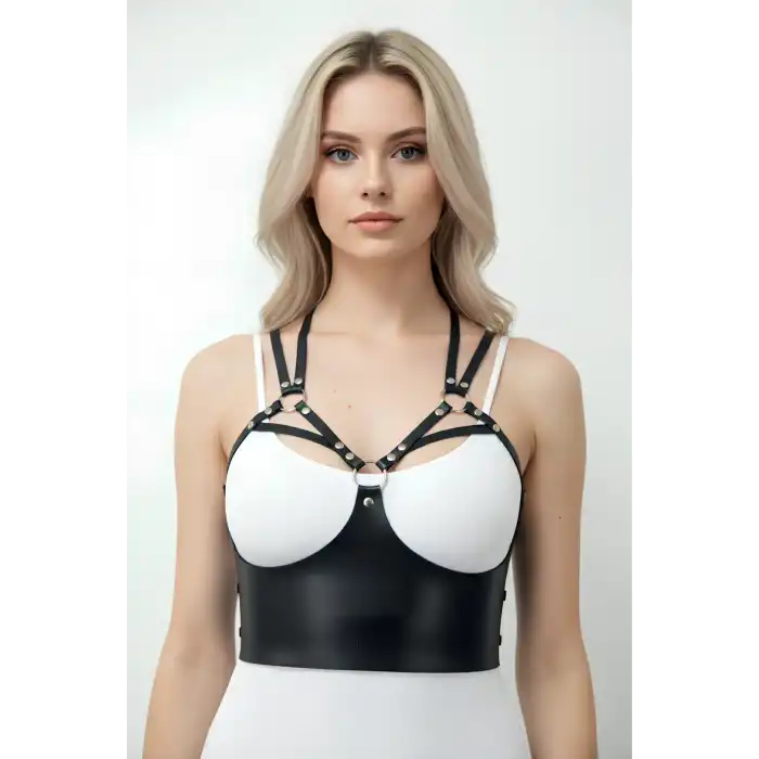 Göğüs Detaylı Deri Harness Büstiyer, Şık Deri Korse - APFT872