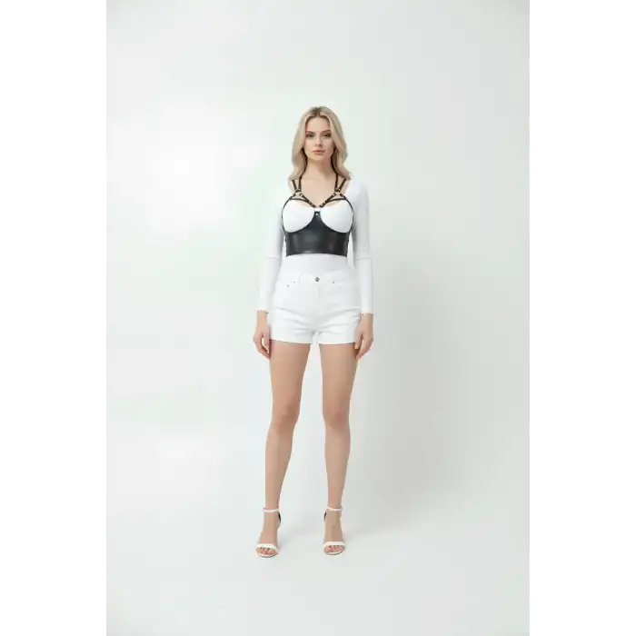 Göğüs Detaylı Deri Harness Büstiyer, Şık Deri Korse - APFT872