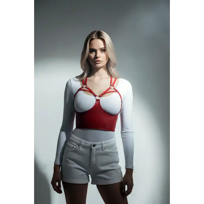 Göğüs Detaylı Deri Kırmız Harness Büstiyer, Şık Deri Korse - APFT872