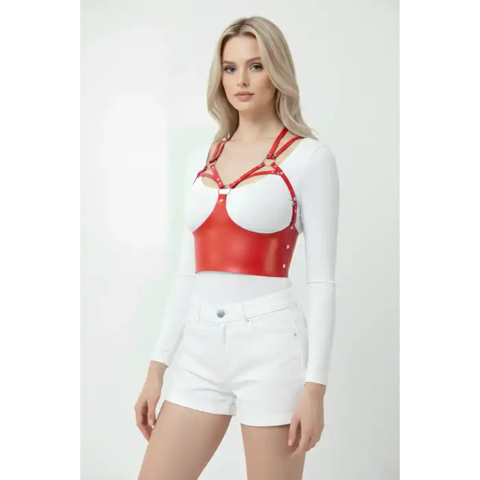 Göğüs Detaylı Deri Kırmız Harness Büstiyer, Şık Deri Korse - APFT872