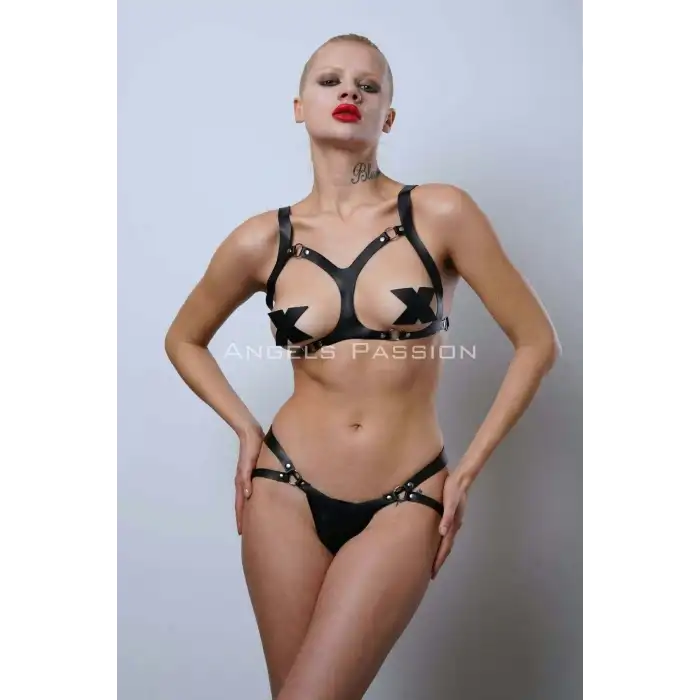 Göğüsleri Açık Şık Deri Sütyen Harness Takım, Fantezi Deri İç Giyim - APFT1101