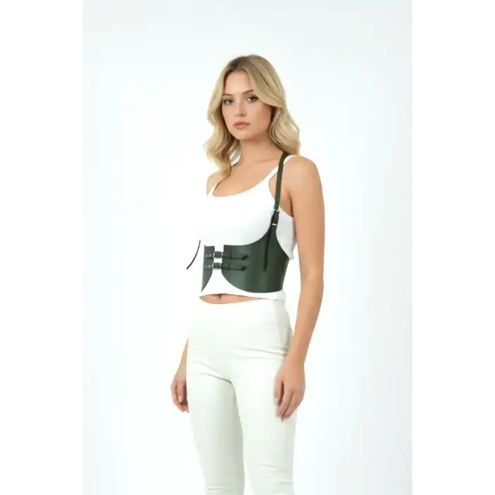 Haki Renk Kalın Kadın Kemeri, Deri Kemer Harness - APFT605