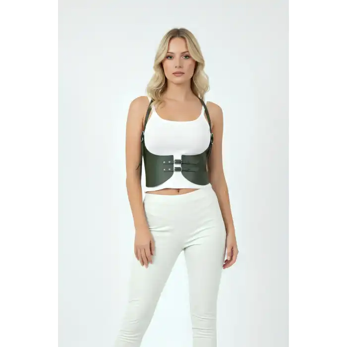 Haki Renk Kalın Kadın Kemeri, Deri Kemer Harness - APFT605