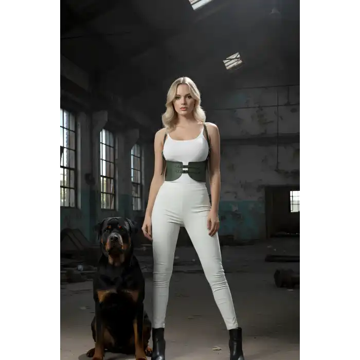 Haki Renk Kalın Kadın Kemeri, Deri Kemer Harness - APFT605