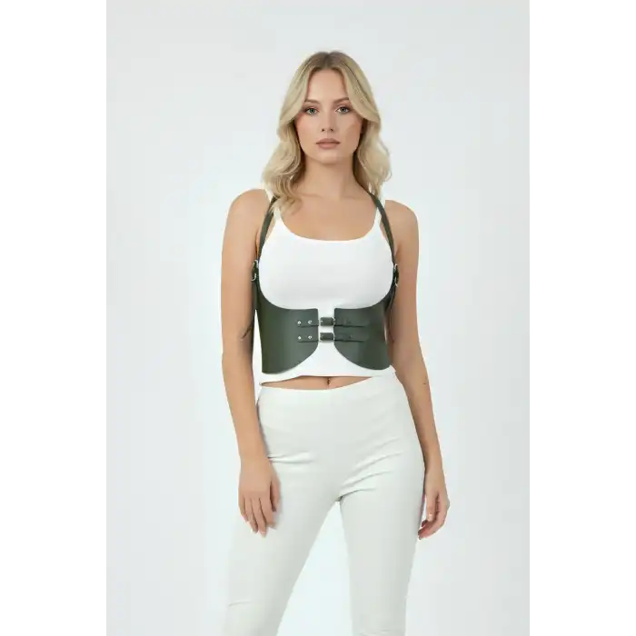 Haki Renk Kalın Kadın Kemeri, Deri Kemer Harness - APFT605