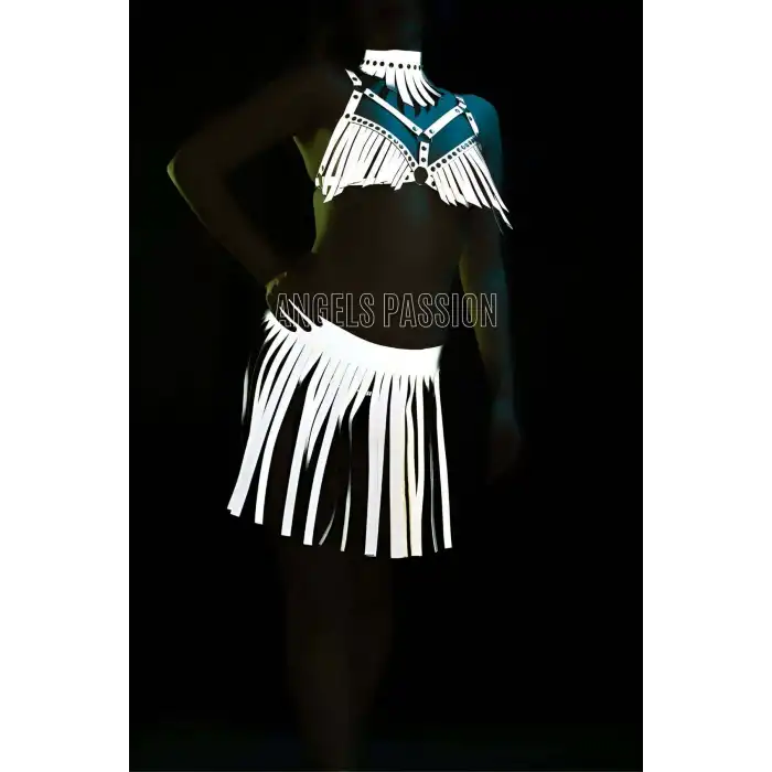Karanlıkta Parlayan Püsküllü Etekli Seksi Harness Takım - APFT482
