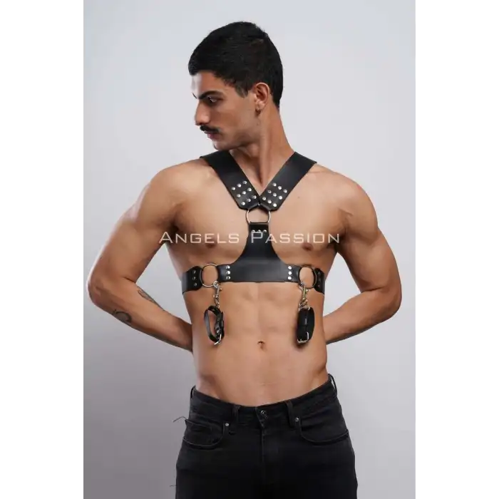 Kelepçeli Erkek Göğüs Harness, Deri Erkek Fantezi Harness, Kelepçeli Erkek Harness - APFTM121