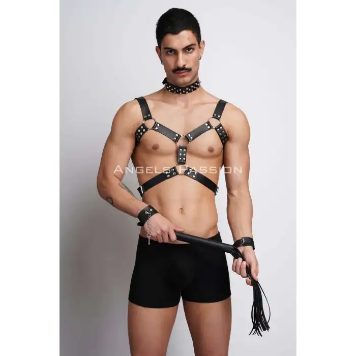 Kırbaç ve Çivili Choker Detaylı Erkek Fantazi Giyim, Deri Erkek Harness Takım - APFTM102