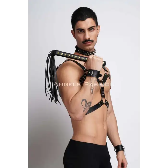 Kırbaç ve Çivili Choker Detaylı Erkek Fantazi Giyim, Deri Erkek Harness Takım - APFTM102