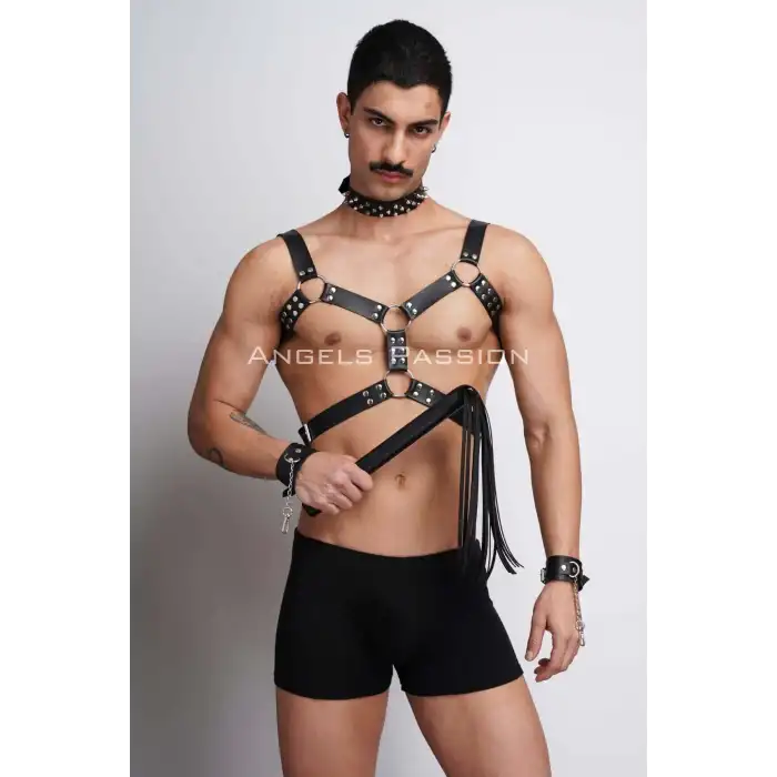 Kırbaç ve Çivili Choker Detaylı Erkek Fantazi Giyim, Deri Erkek Harness Takım - APFTM102