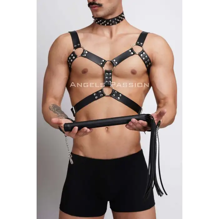 Kırbaç ve Çivili Choker Detaylı Erkek Fantazi Giyim, Deri Erkek Harness Takım - APFTM102