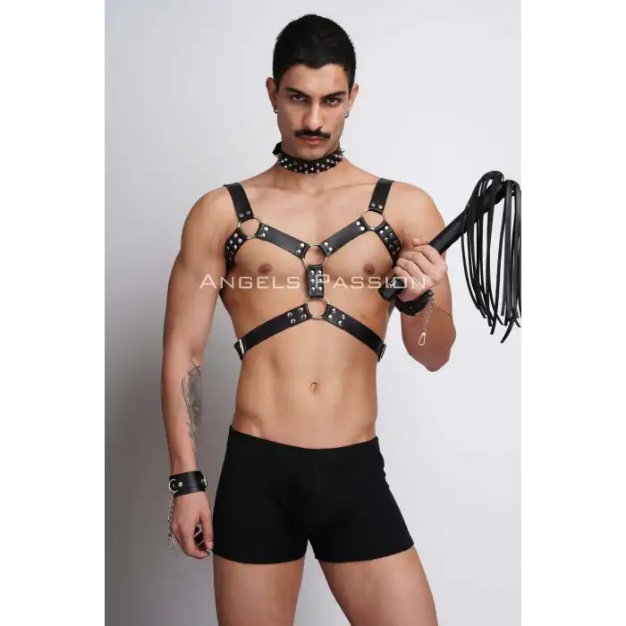 Kırbaç ve Çivili Choker Detaylı Erkek Fantazi Giyim, Deri Erkek Harness Takım - APFTM102
