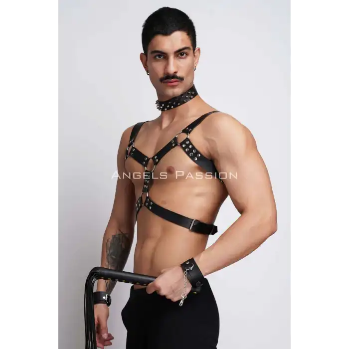 Kırbaç ve Çivili Choker Detaylı Erkek Fantazi Giyim, Deri Erkek Harness Takım - APFTM102