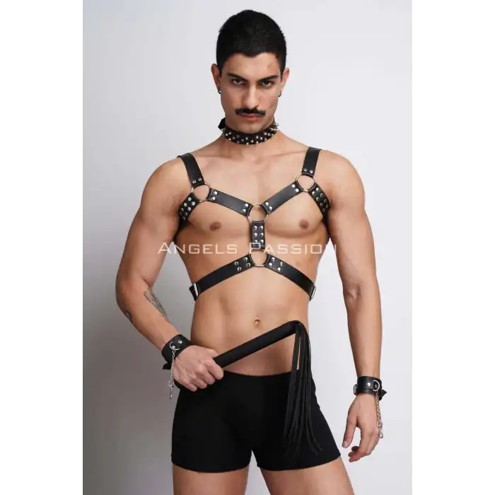 Kırbaç ve Çivili Choker Detaylı Erkek Fantazi Giyim, Deri Erkek Harness Takım - APFTM102