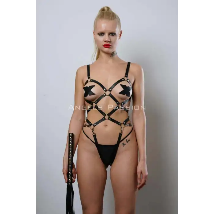 Kırbaçlı Deri Full Body Harness Fantezi Giyim, Vücudu Saran Full Body Harness - APFT1356
