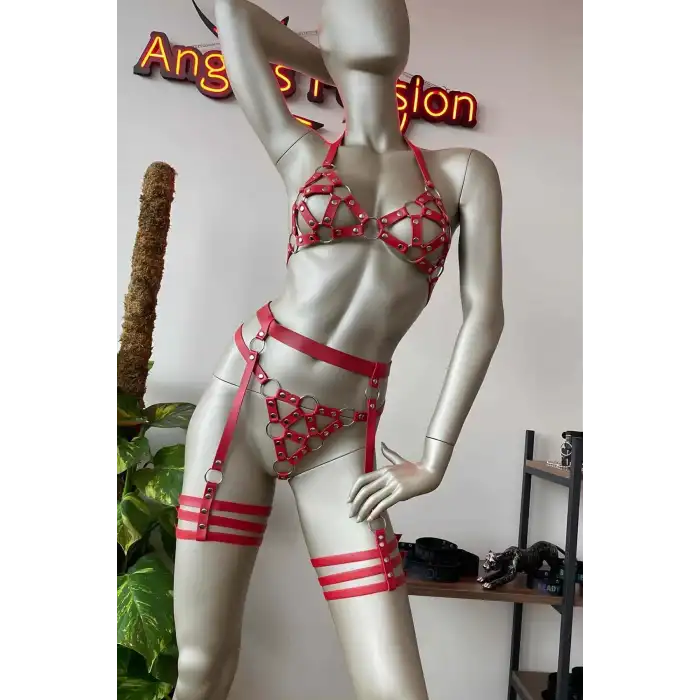 Kırmızı Deri Bdsm Fantazi Jartiyer Takım