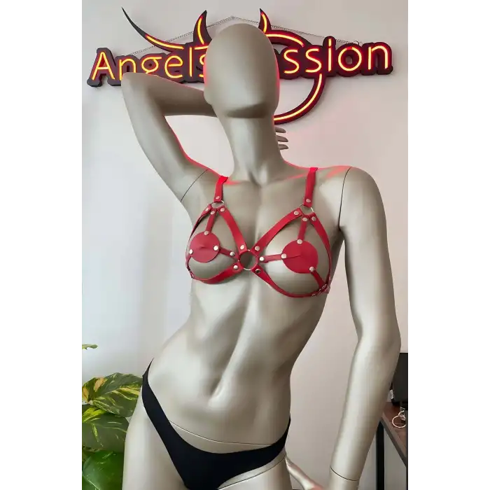Kırmızı Deri Sütyen Harness