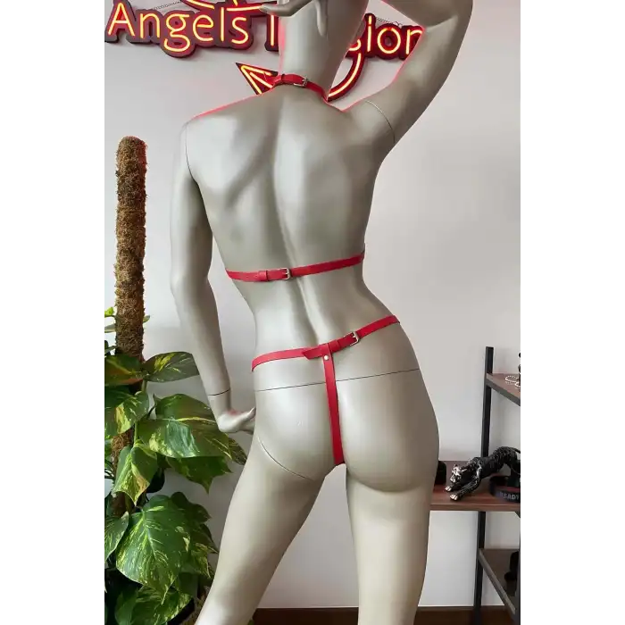 Kırmızı Deri Sütyen Takım Deri İç Giyim