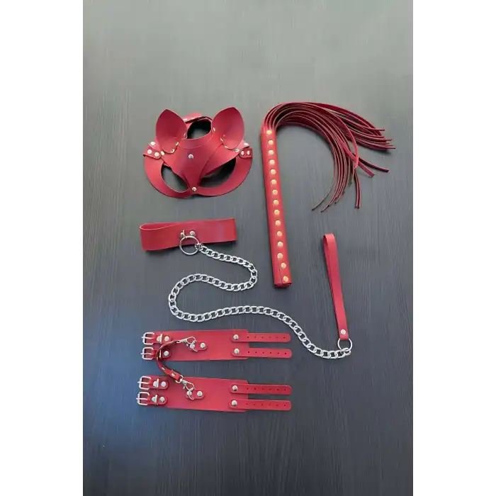 Kırmızı Fantezi Set, Kırbaç - Kelepçe - Tasma - Maske Takım - APFT1246