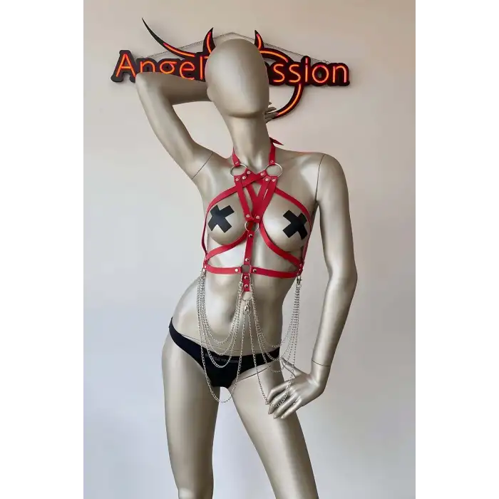 Kırmızı Göğüs Üzeri Seksi Erotik Harness